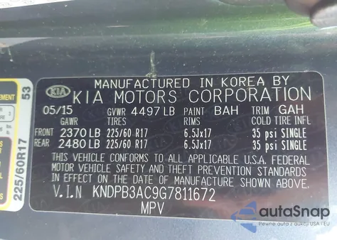 2016 Kia Sportage Lx из США, поврежденный, VIN KNDPB3AC9G7811672